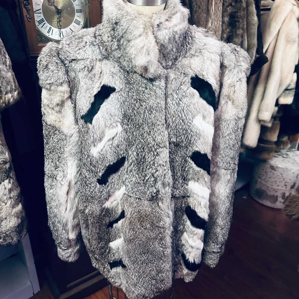 Sergio Valente Gray Rabbit Fur Coat w/ Black & White Accent Stripes